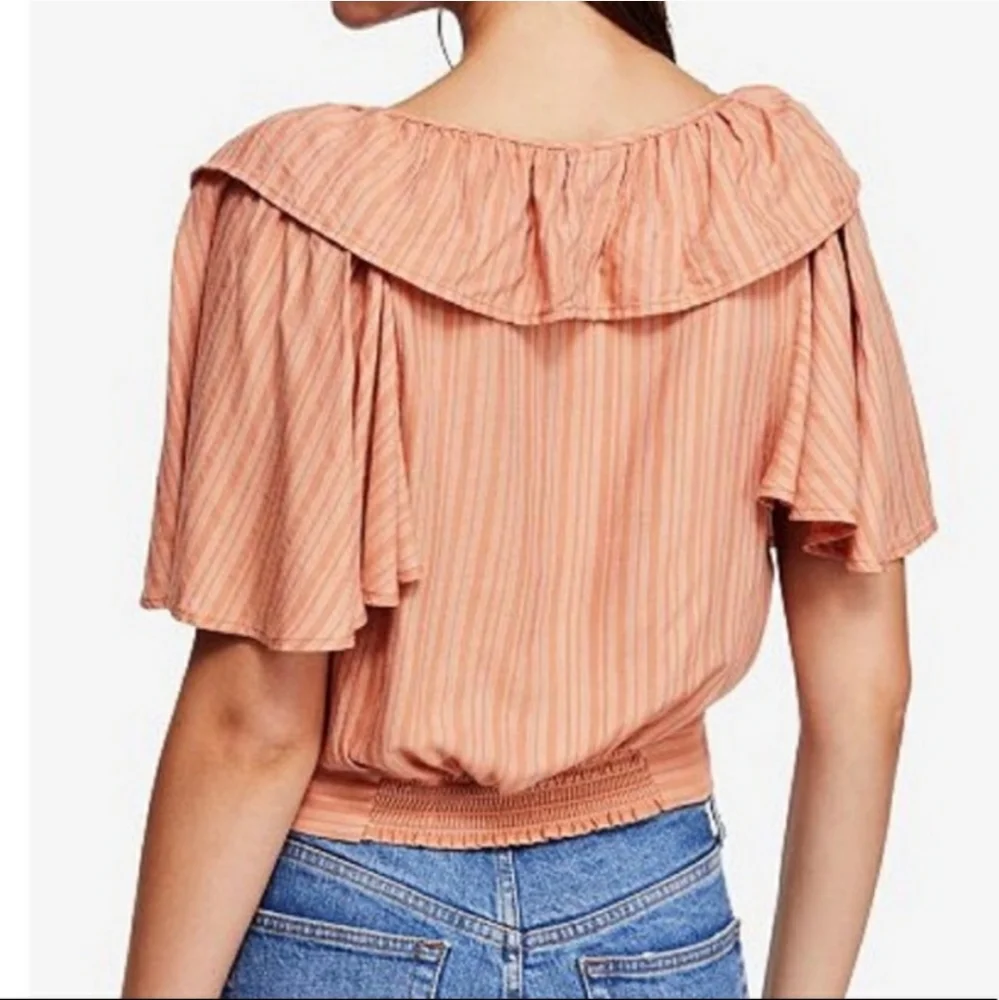 FREE PEOPLE Rosemary Ruffle Peasant Boho Tie Front Top Coral Stripe NWT